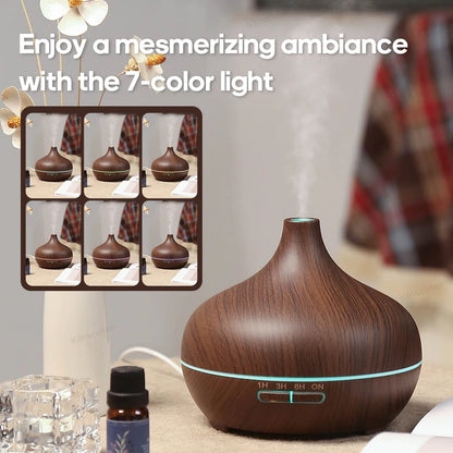 Diffuseur d'huiles essentielles en bois clair diffusant une brume légère sur une tablette de salle de bain