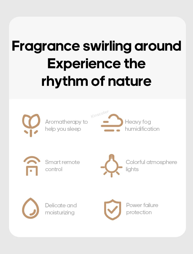 Diffuseur d'huiles essentielles en bois clair diffusant une brume légère sur une tablette de salle de bain